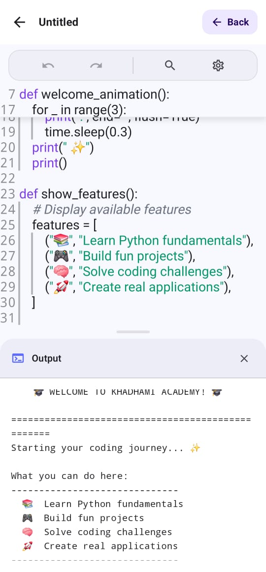 Python editor with code execution output.