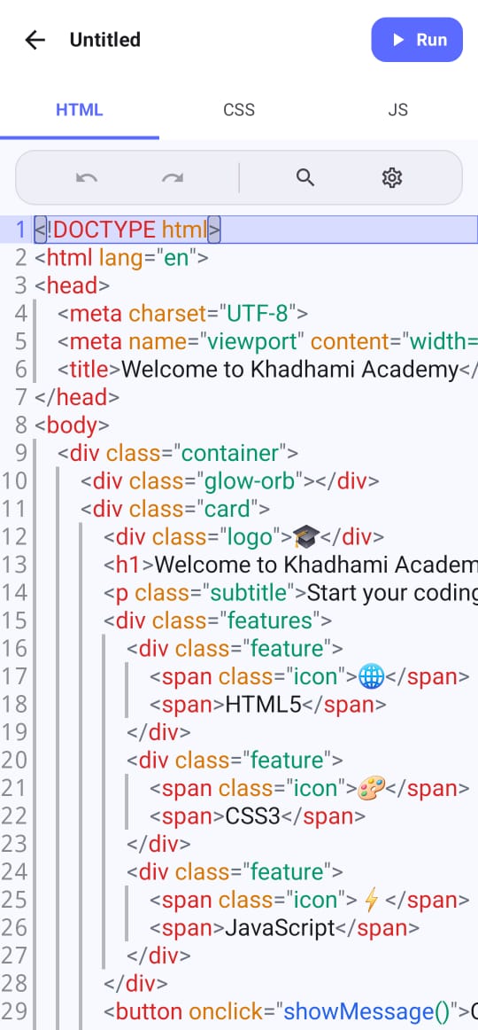 Web code editor workspace for HTML and CSS practice.